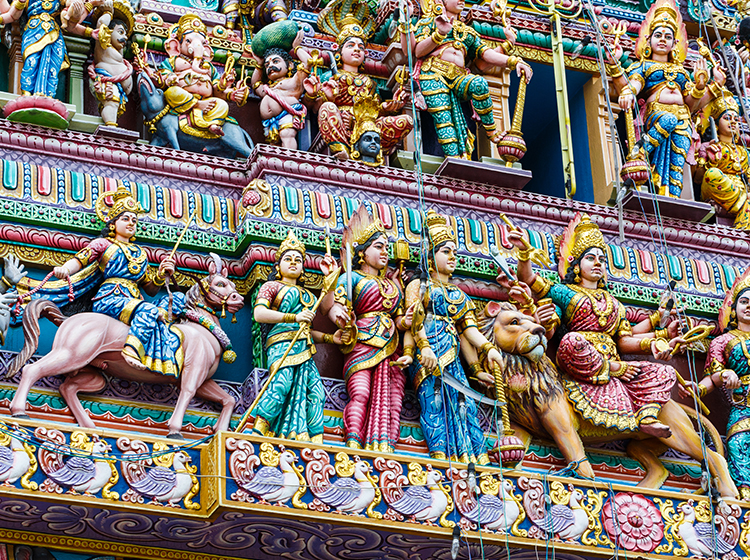intricate carvings on the facade of Sri Veeramakaliamman Temple