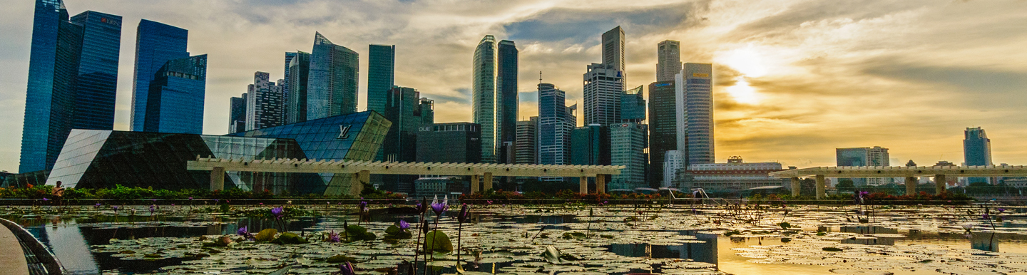 marina bay skyline and reflections on water